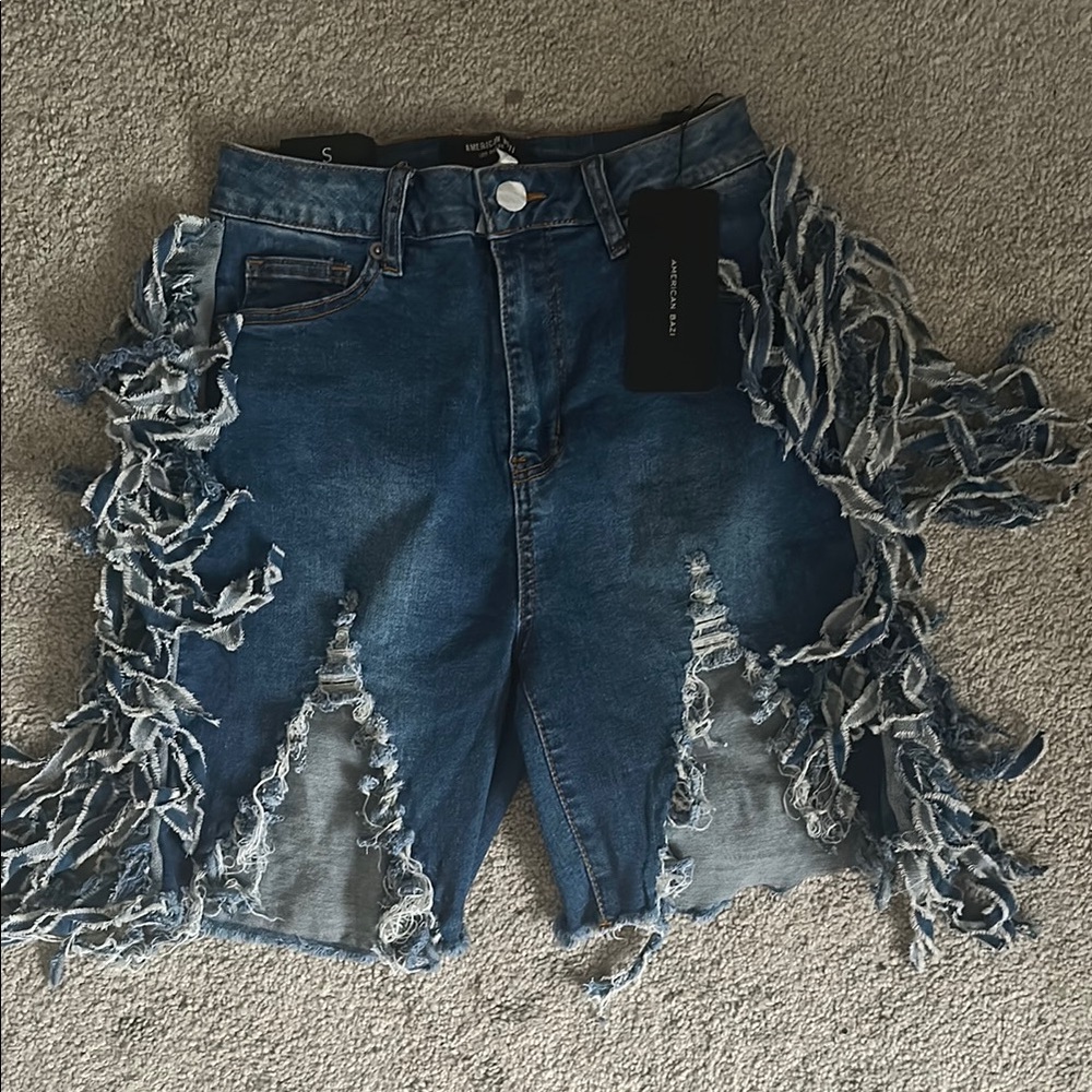 New Distressed Blue Denim Shorts with fringes